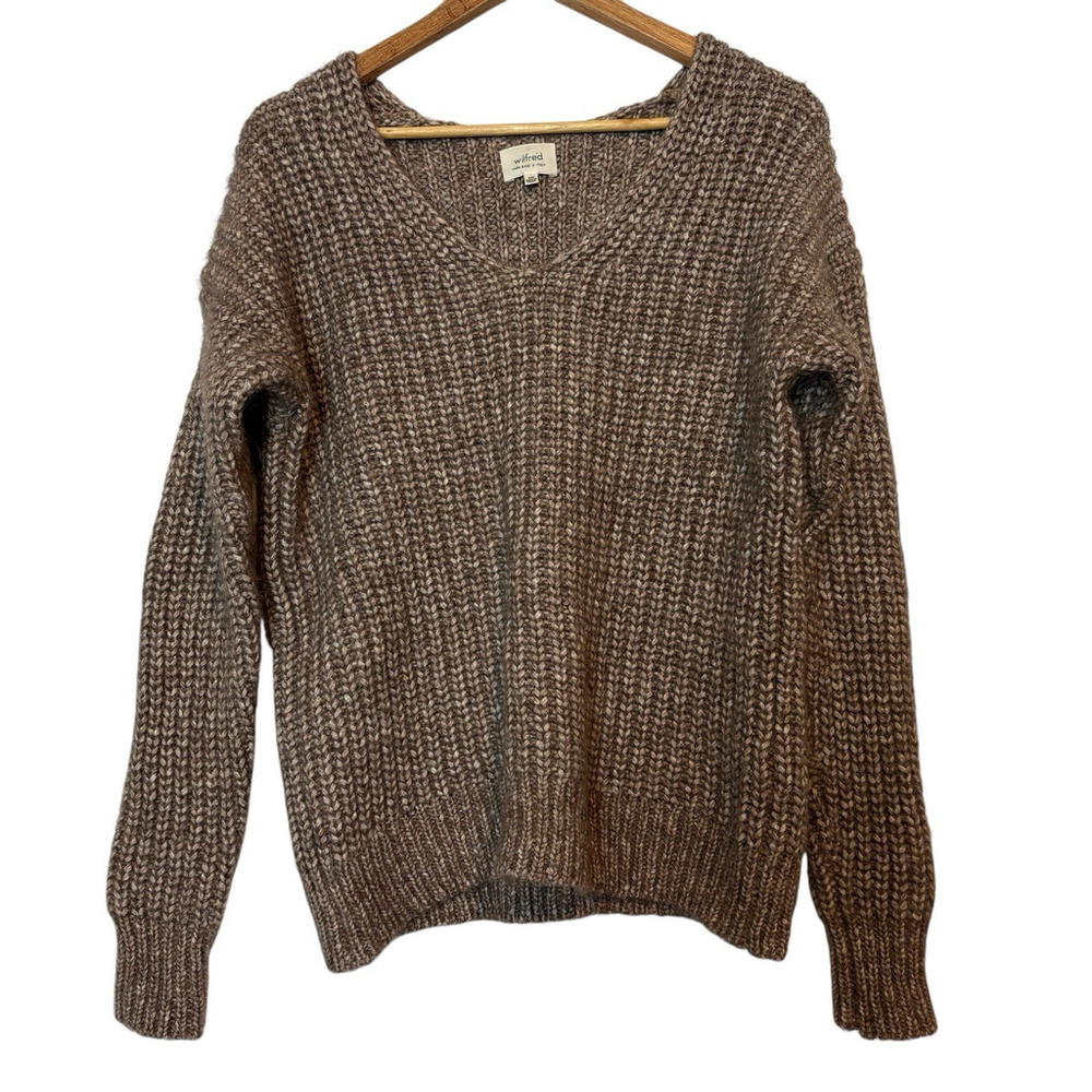 Aritzia Wilfred Alpaca Blend Chunky Knit Sweater XXS Brown Oversized V Neck - Picture 2 of 7